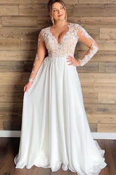A-line Sheer Tulle Lace Wedding Gowns Long Sleeve Floor Length Beach Bridal Gowns