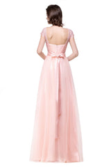 A-line Short Sleeve Chiffon Bridesmaid Dresses with Ribbon Bow Sash