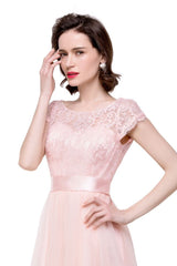 A-line Short Sleeve Chiffon Bridesmaid Dresses with Ribbon Bow Sash