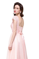 A-line Short Sleeve Chiffon Bridesmaid Dresses with Ribbon Bow Sash