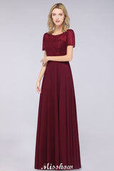A-Line Short-Sleeves Floor-Length Bridesmaid Dress Chiffon Lace Round-Neck Evening Dress