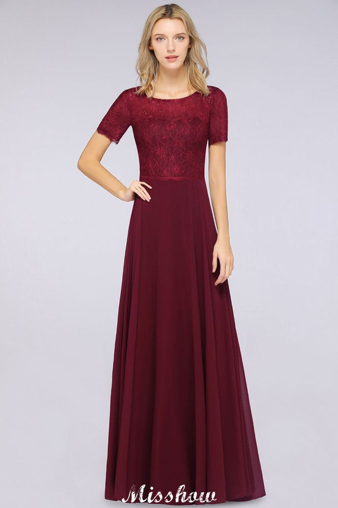 A-Line Short-Sleeves Floor-Length Bridesmaid Dress Chiffon Lace Round-Neck Evening Dress