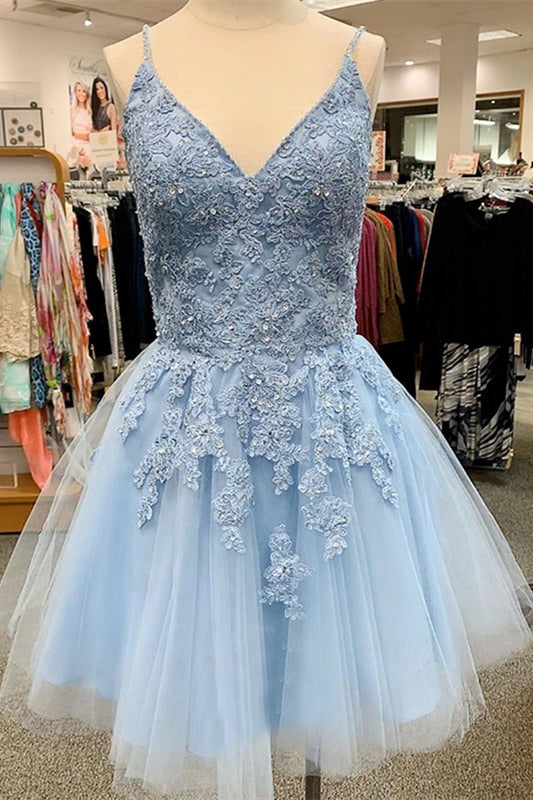 A-Line Sky Blue Tulle Applique Short Sleeveless Homecoming Dresses A-Line Sky Blue Tulle Applique Short Sleeveless Homecoming Dresses