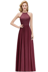 A-line Sleeveless Halter Long Lace Chiffon Bridesmaid Dress