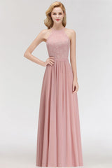 A-line Sleeveless Halter Long Lace Chiffon Bridesmaid Dress