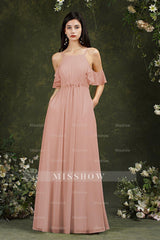 A-Line Spaghetti Straps Off-the-shoulder Ruffles Chiffon Bridesmaid Dress With Pockets
