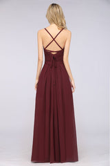 A-Line Spaghetti-Straps Sweetheart Sleeveless Bridesmaid Dress Ruffles Chiffon Evening Maxi Gown