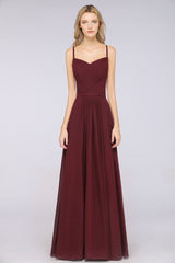 A-Line Spaghetti-Straps Sweetheart Sleeveless Bridesmaid Dress Ruffles Chiffon Evening Maxi Gown