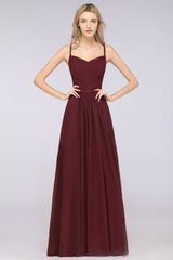 A-Line Spaghetti-Straps Sweetheart Sleeveless Bridesmaid Dress Ruffles Chiffon Evening Maxi Gown