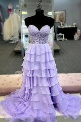 A Line Sweetheart Light Blue Long Tiered Chiffon Prom Dress with Appliques