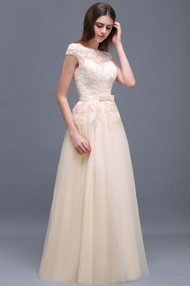 A-line Tulle Lace Appliques Floor-Length Prom Dress