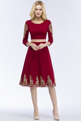 A-line Two-piece Plus Size Tea Length Long Sleeves Appliques Homecoming Dresses