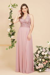 A-line V-neck Appliques Chiffon Evening Maxi Dresses Sleeveless Bridesmaid Dress