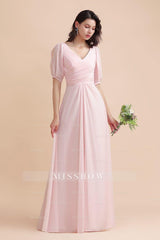 A-Line V-Neck Chiffon Ruffles Bridesmaid Dresses with Short Sleeves