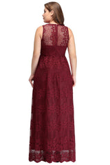 A-Line V-neck Floor Length Sleeveless Plus size Lace Burgundy Evening Dresses