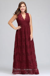 A-Line V-neck Floor Length Sleeveless Plus size Lace Burgundy Evening Dresses