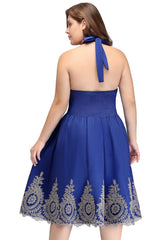 A-Line V-neck Halter Plus size Tea Length Cocktail Dresses with Appliques