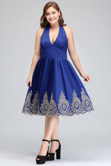 A-Line V-neck Halter Plus size Tea Length Cocktail Dresses with Appliques