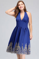 A-Line V-neck Halter Plus size Tea Length Cocktail Dresses with Appliques