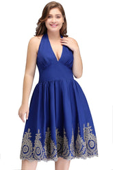 A-Line V-neck Halter Plus size Tea Length Cocktail Dresses with Appliques