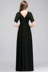 A-line V-neck Short Sleeves Long Black Chiffon Bridesmaid Dress