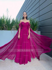 A-Line/Elegant Chiffon Floor-Length Long Sleeves Ruffles Off-the-Shoulder Prom Dresses