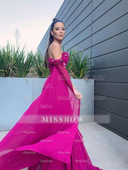 A-Line/Elegant Chiffon Floor-Length Long Sleeves Ruffles Off-the-Shoulder Prom Dresses