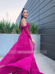 A-Line/Elegant Chiffon Floor-Length Long Sleeves Ruffles Off-the-Shoulder Prom Dresses