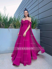 A-Line/Elegant Chiffon Floor-Length Long Sleeves Ruffles Off-the-Shoulder Prom Dresses