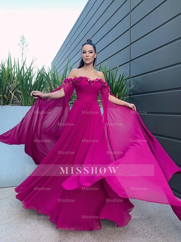 A-Line/Elegant Chiffon Floor-Length Long Sleeves Ruffles Off-the-Shoulder Prom Dresses