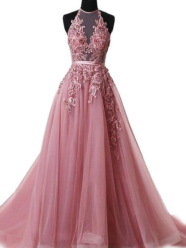 Halter Sleeveless Pink Applique Tulle Prom Dress Halter Sleeveless Pink Applique Tulle Prom Dress