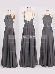 A-Line/Elegant Halter Sleeveless Beading Chiffon Prom Dresses