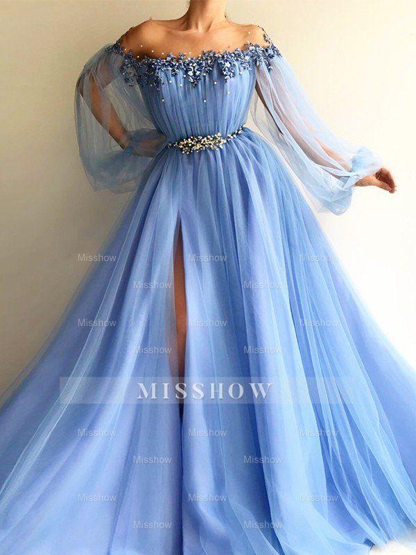 A-Line/Elegant Long Sleeves Off-the-Shoulder Tulle Beading Floor-Length Prom Dresses