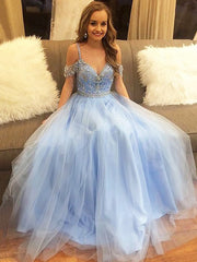 A-Line/Elegant Off-the-Shoulder Floor-Length Tulle Sleeveless Beading Prom Dresses