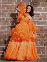 A-Line/Elegant Organza Off-the-Shoulder Layers Long Sleeves Floor-Length Prom Dresses