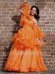 A-Line/Elegant Organza Off-the-Shoulder Layers Long Sleeves Floor-Length Prom Dresses