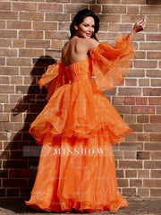 A-Line/Elegant Organza Off-the-Shoulder Layers Long Sleeves Floor-Length Prom Dresses