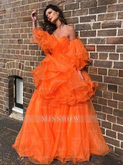 A-Line/Elegant Organza Off-the-Shoulder Layers Long Sleeves Floor-Length Prom Dresses