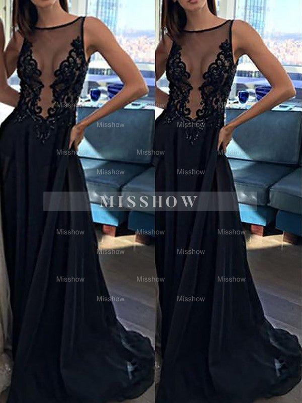 A-Line/Elegant Sleeveless Bateau Chiffon Applique Prom Dresses