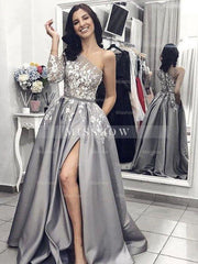 A-Line/Elegant Sleeveless One-Shoulder Applique Satin Prom Dresses