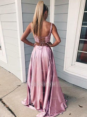 A-Line/Elegant Sleeveless Square Applique Silk like Satin Two Piece Prom Dresses