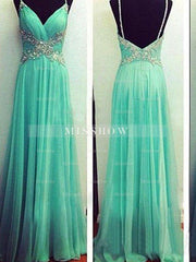 A-Line/Elegant Spaghetti Straps Sleeveless Beading Floor-Length Chiffon Prom Dresses