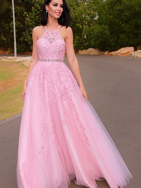 Halter Sleeveless Pink Applique Tulle Prom Dress Halter Sleeveless Pink Applique Tulle Prom Dress