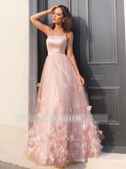A-Line/Elegant Tulle Hand-Made Flower Straps Floor-Length Sleeveless Prom Dresses