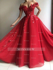 A-Line/Elegant Tulle Off-the-Shoulder Sleeveless Applique Floor-Length Prom Dresses