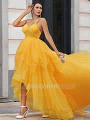 A-Line/Elegant Tulle Ruffles V-neck Sleeveless Asymmetrical Prom Dresses