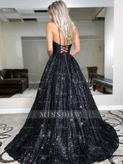 A-Line/Elegant V-neck Sequin Sleeveless Sequins Prom Dresses