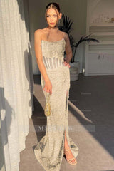 Strapless Sleeveless Mermaid Long Split Formal Dress With Sequins