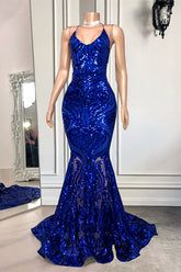 Mermaid Spaghetti Strap Sleeveless Royal Blue Long Formal Dress With Sequins