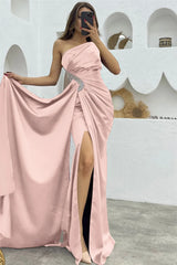 Black Sleeveless One Shoulder Long Split Pleated Formal Dress With Rhinestone